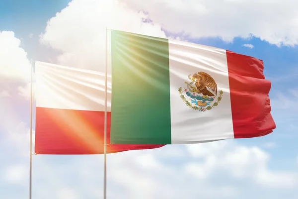 Sunny Blue Sky Flags Mexico Poland — Stok fotoğraf