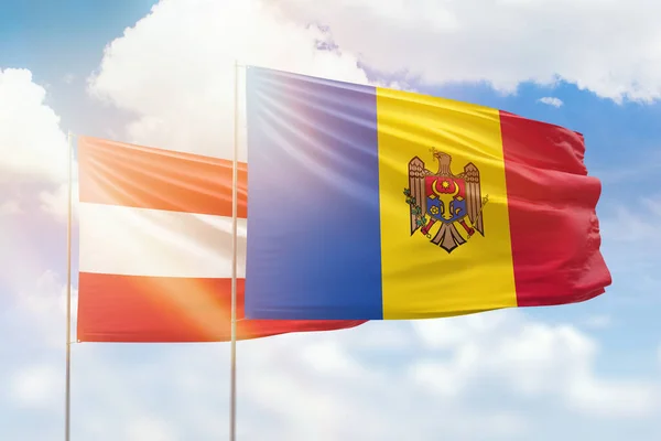 Sunny Blue Sky Flags Moldova Austria — 图库照片