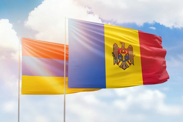 Sunny Blue Sky Flags Moldova Armenia — Zdjęcie stockowe