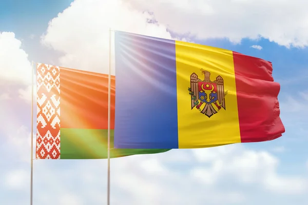 Sunny Blue Sky Flags Moldova Belarus — 图库照片