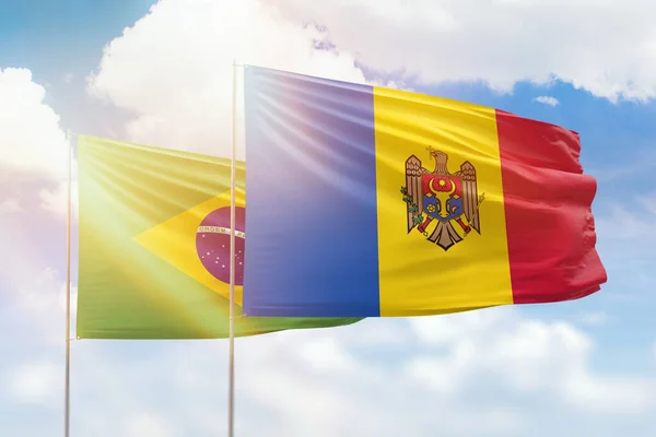 Sunny Blue Sky Flags Moldova Brazil — Fotografia de Stock