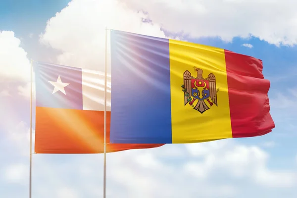 Sunny Blue Sky Flags Moldova Chile — 图库照片
