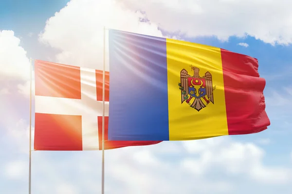 Sunny Blue Sky Flags Moldova Denmark — 图库照片