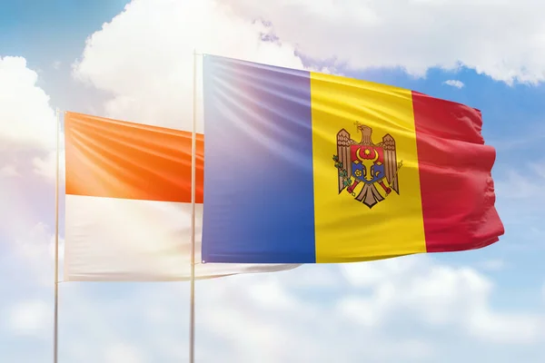 Sunny Blue Sky Flags Moldova Indonesia — 图库照片