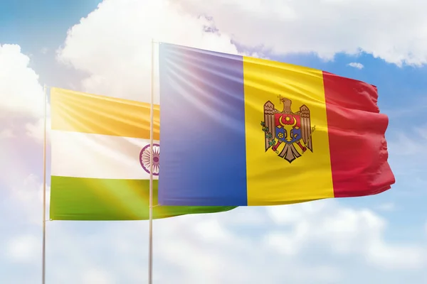 Sunny Blue Sky Flags Moldova India — ストック写真