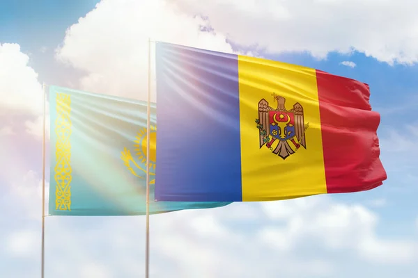 Sunny Blue Sky Flags Moldova Kazakhstan — Stok fotoğraf