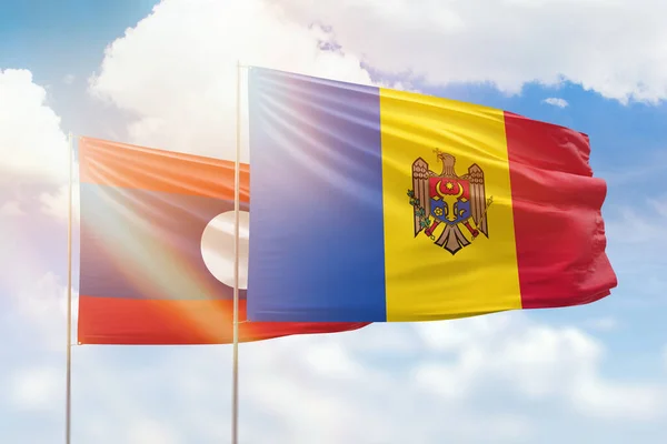 Sunny Blue Sky Flags Moldova Laos — 图库照片