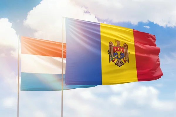 Sunny Blue Sky Flags Moldova Luxembourg — 图库照片