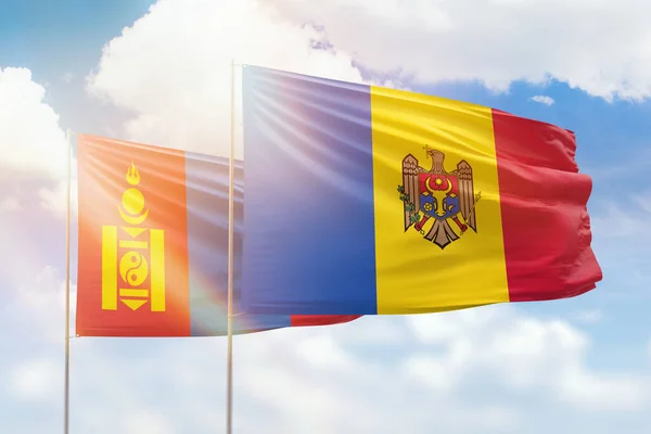 Sunny Blue Sky Flags Moldova Mongolia — Stok fotoğraf