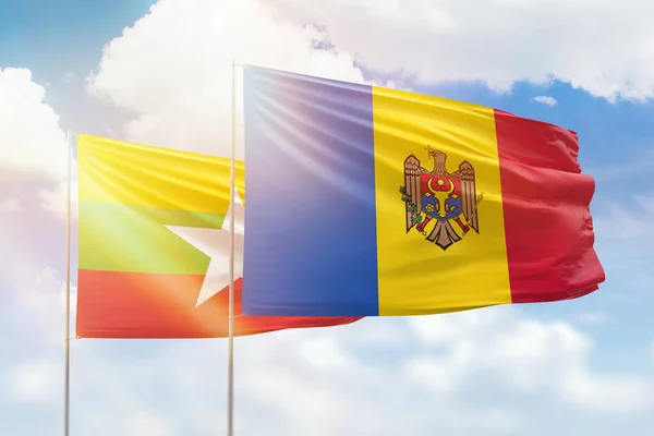 Sunny Blue Sky Flags Moldova Myanmar — 图库照片