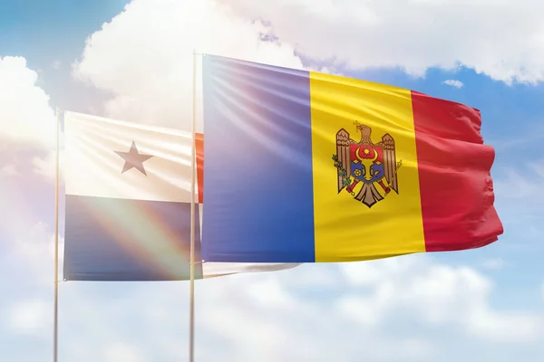 Sunny Blue Sky Flags Moldova Panama — Stok fotoğraf