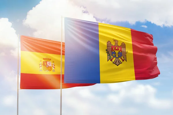 Sunny Blue Sky Flags Moldova Spain — 图库照片