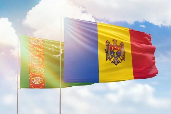 Sunny Blue Sky Flags Moldova Turkmenistan — 图库照片