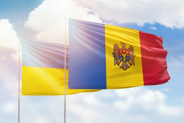 Sunny Blue Sky Flags Moldova Ukraine — 图库照片