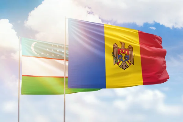 Sunny Blue Sky Flags Moldova Uzbekistan — 图库照片