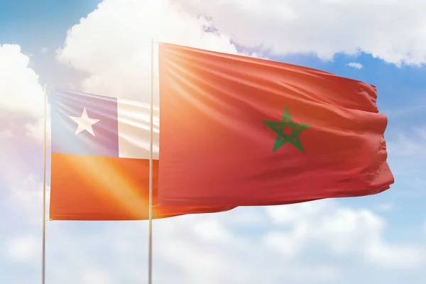 Sunny Blue Sky Flags Morocco Chile — Stock fotografie