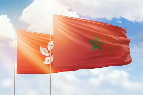 Sunny Blue Sky Flags Morocco Hong Kong — Stock fotografie