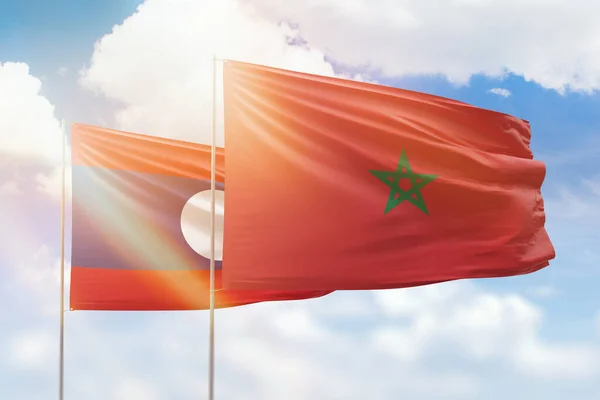 Sunny Blue Sky Flags Morocco Laos — Stock fotografie