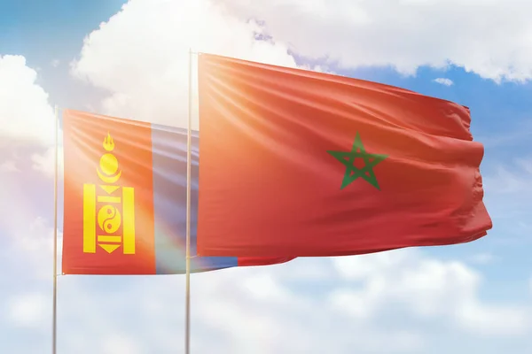 Sunny Blue Sky Flags Morocco Mongolia — Stock fotografie