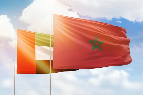 Sunny Blue Sky Flags Morocco Uae — Stock fotografie