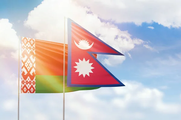 Sunny Blue Sky Flags Nepal Belarus — Stok fotoğraf