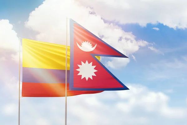 Sunny Blue Sky Flags Nepal Colombia — Fotografia de Stock