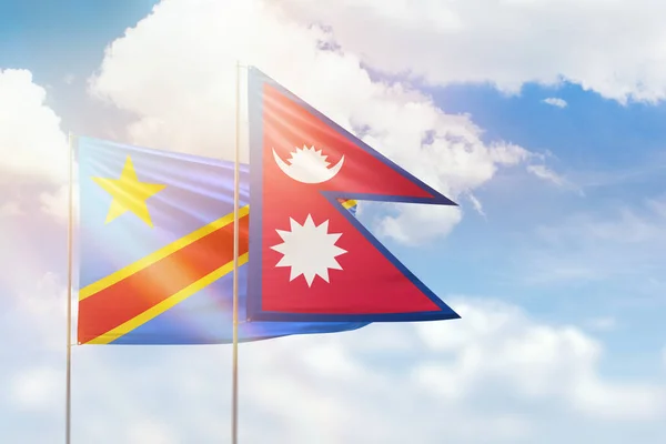 Sunny Blue Sky Flags Nepal Congo — Fotografia de Stock