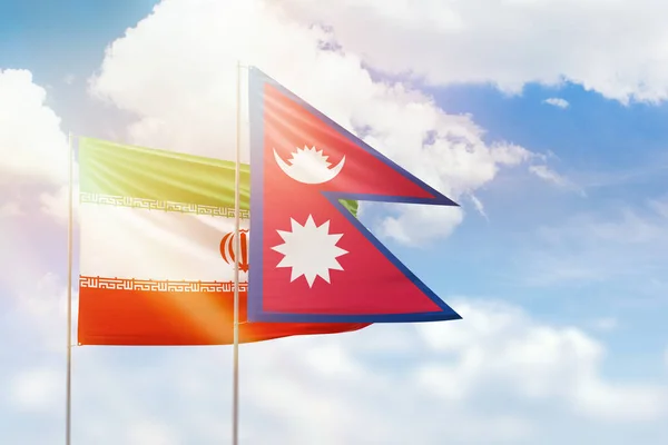 Sunny Blue Sky Flags Nepal Iran — Fotografia de Stock