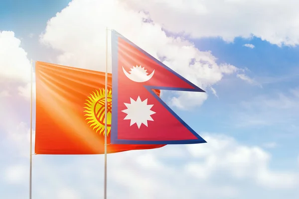 Sunny Blue Sky Flags Nepal Kyrgyzstan — Fotografia de Stock
