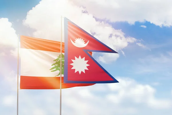 Sunny Blue Sky Flags Nepal Lebanon — Fotografia de Stock