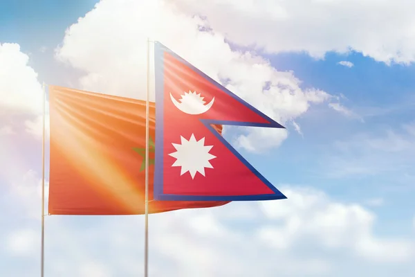 Sunny Blue Sky Flags Nepal Morocco — Fotografia de Stock