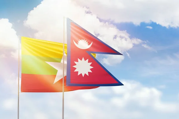 Sunny Blue Sky Flags Nepal Myanmar — Fotografia de Stock