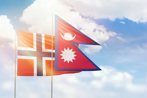 Sunny Blue Sky Flags Nepal Norway — Stock Photo, Image
