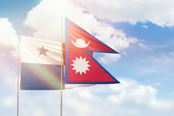 Sunny Blue Sky Flags Nepal Panama — Fotografia de Stock