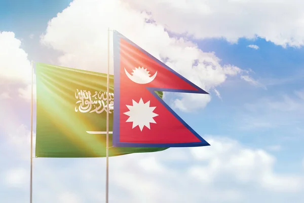 Sunny Blue Sky Flags Nepal Saudi Arabia — Stock Photo, Image