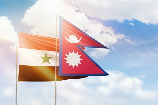 Sunny Blue Sky Flags Nepal Syria — Fotografia de Stock