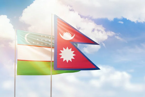 Sunny Blue Sky Flags Nepal Uzbekistan — Fotografia de Stock