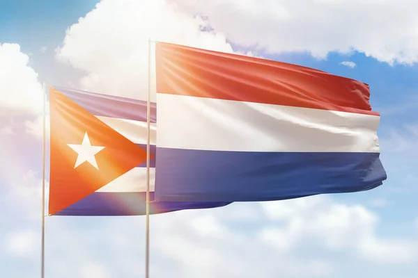 Sunny Blue Sky Flags Netherlands Cuba — 스톡 사진