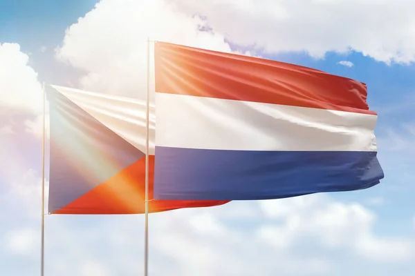 Sunny Blue Sky Flags Netherlands Czechia — Stock Photo, Image