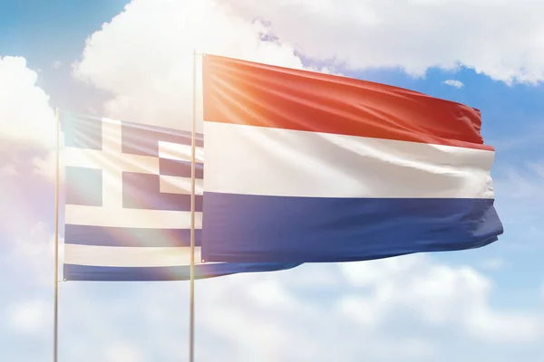 Sunny Blue Sky Flags Netherlands Greece — Stok fotoğraf