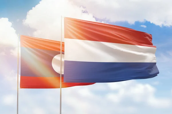 Sunny Blue Sky Flags Netherlands Laos — Stock Fotó