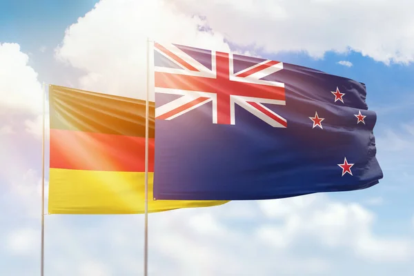 Sunny Blue Sky Flags New Zealand Germany — Stock Fotó