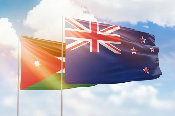 Sunny Blue Sky Flags New Zealand Jordan — Stock Photo, Image