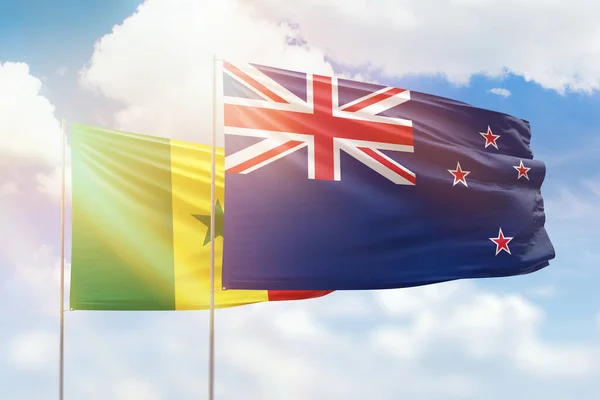Sunny Blue Sky Flags New Zealand Senegal — Stock Fotó