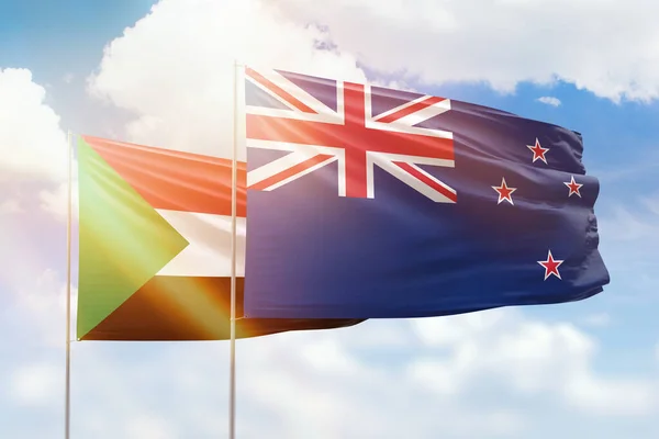 Sunny Blue Sky Flags New Zealand Sudan — Stock Fotó