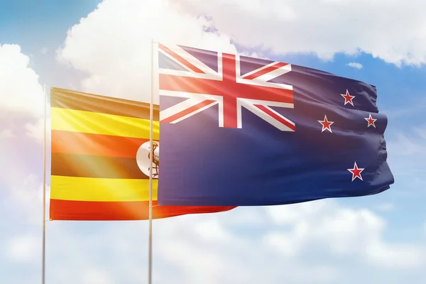 Sunny Blue Sky Flags New Zealand Uganda — Stock Fotó