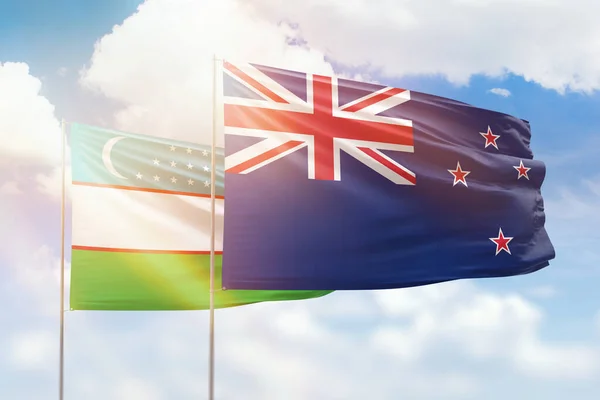 Sunny Blue Sky Flags New Zealand Uzbekistan — Stock Fotó