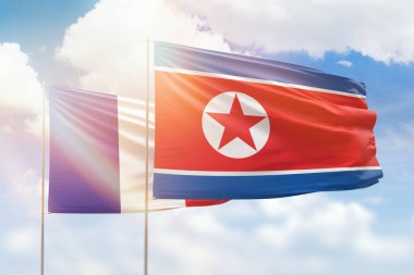 Sunny blue sky and flags of north korea and france