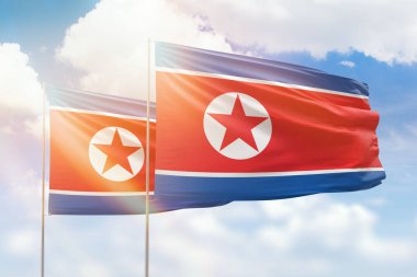 Sunny blue sky and flags of north korea and north korea