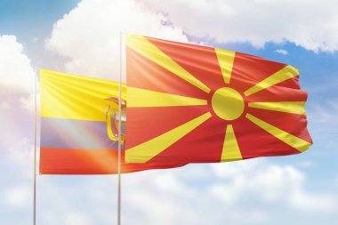 Sunny blue sky and flags of north macedonia and ecuador